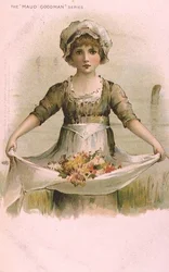 Kleines Mädchen mit Blumen in ihrer Schürze